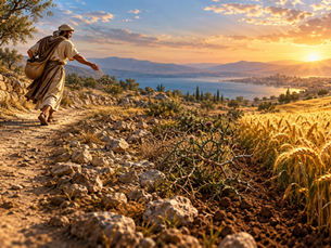 Un seminatore sparge semi su quattro terreni differenti, dalla strada arida fino a un campo fertile e luminoso.