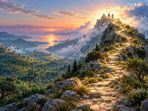 Un sentiero sale verso una montagna illuminata all’alba, con tre piccole figure vicine alla vetta avvolta da luce dorata.