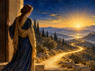 Una donna sulla soglia di una casa osserva un sentiero luminoso fra le colline all’alba.