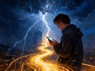Figura in meditazione tra tecnologia digitale e presenza consapevole