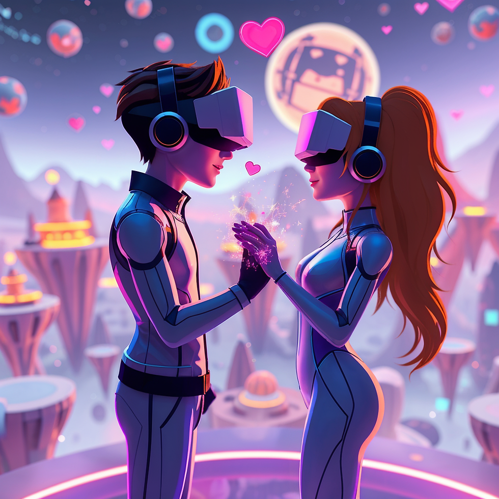 A romantic 'meet-cute' moment between two futuristic avatars in a vibrant virtual reality world. The avatars, with sleek digital designs and bright colors, bump into each other in a surreal environment filled with floating islands and glowing neon lights. Sparkling pixels scatter as they make contact, with intertwining light streams symbolizing their digital connection. The scene captures the essence of a chance encounter in a high-tech, imaginative setting.