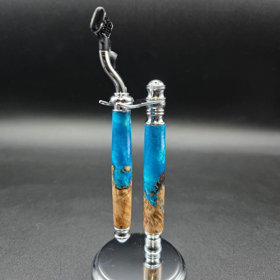 Thumbnail: Hybrid Burl and Teal Mach 3 Style Razor and Stand with Chrome Finish#11