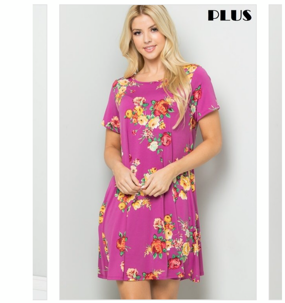 PLUS SIZE SHORT SLEEVE FLORAL PRINT DRESS