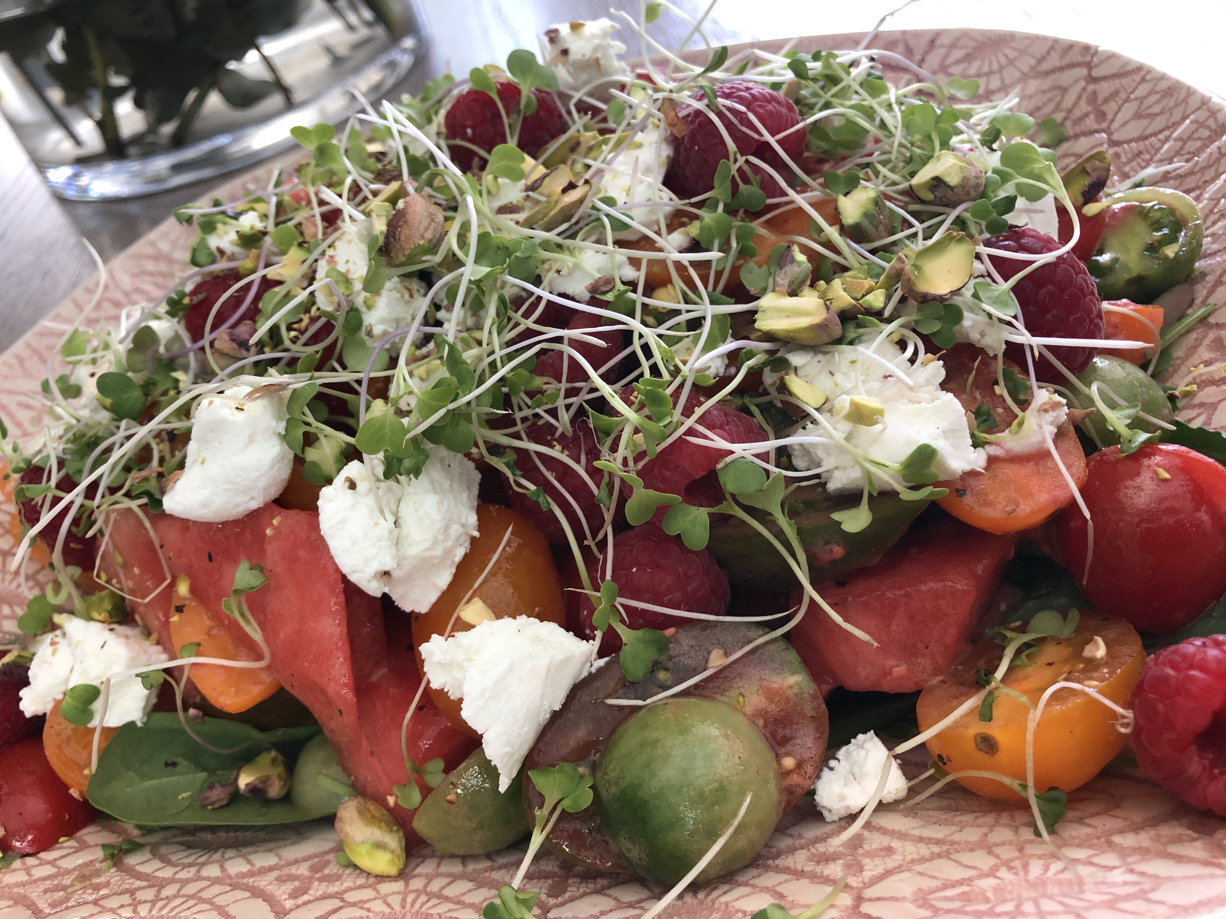 Gorgeous Watermelon, tomato and goats cheese Salad with Raspberry dressing
