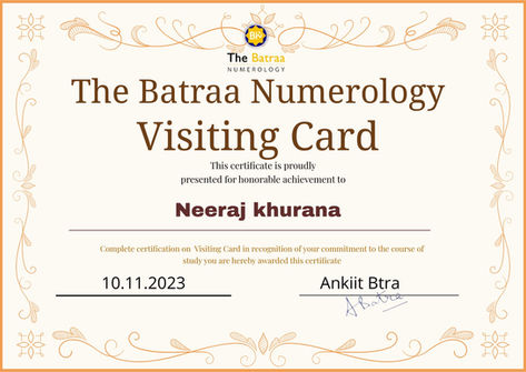 The Batraa Numerology Visiting Card Certificate