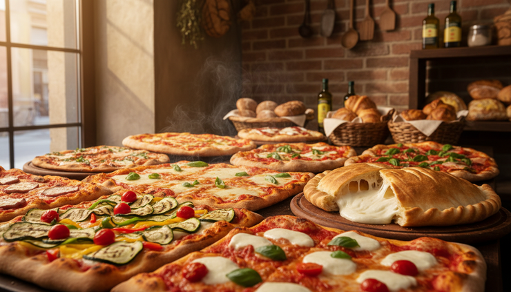 Vista de mostrador con pizza romana al taglio y un calzone dorado.