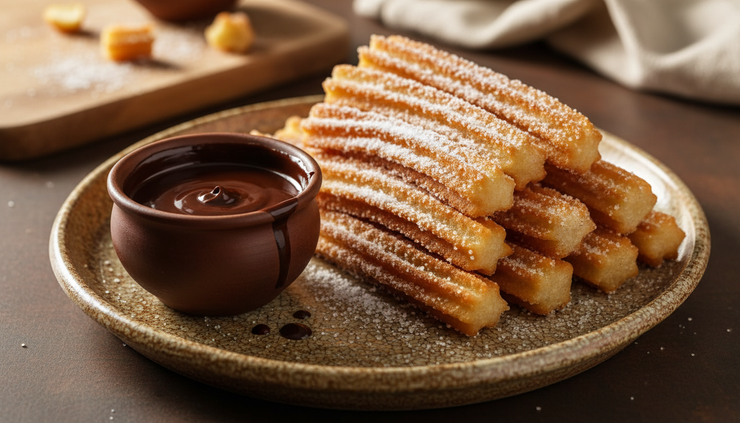 Vista a nivel de mesa de churros con chocolate espeso