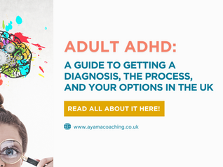 Woman holding magnifying glass over eye, colorful brain sketch above. Text: Adult ADHD guide in the UK. Read here: ayamacoaching.co.uk.