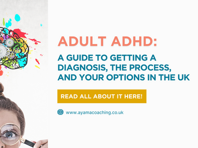 Woman holding magnifying glass over eye, colorful brain sketch above. Text: Adult ADHD guide in the UK. Read here: ayamacoaching.co.uk.