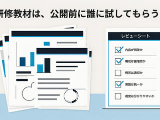 研修教材を公開する前に少人数で試用し、改善点を確認するイメージ