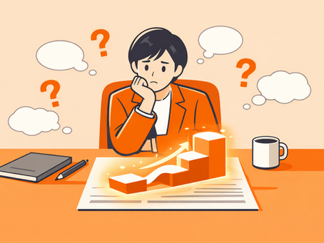 研修担当者が「何を教えればいいかわからない」という課題を表したフラットデザインのイラスト。人物が書類と疑問符に囲まれ、3ステップの教育設計フレームワークが示されている。