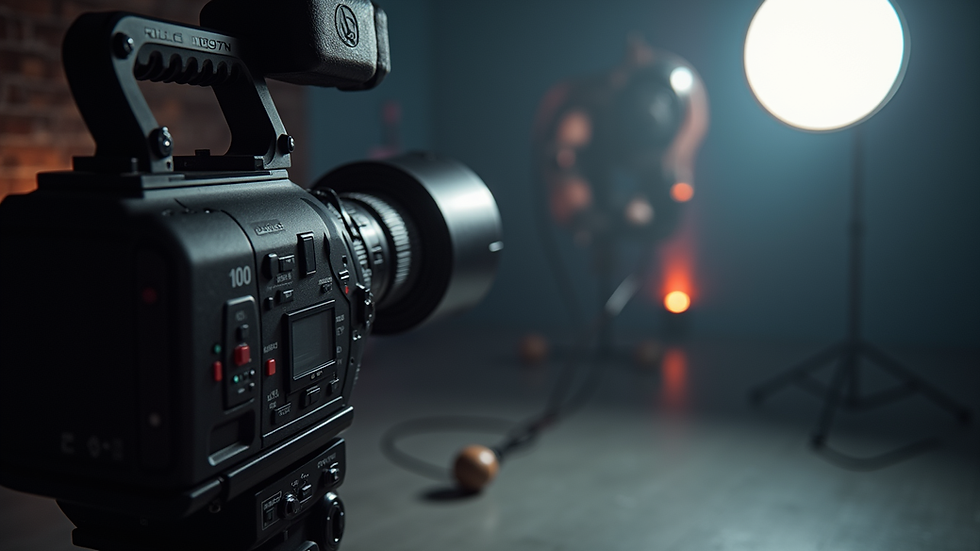 eye-level view of a professional video camera setup in a studio