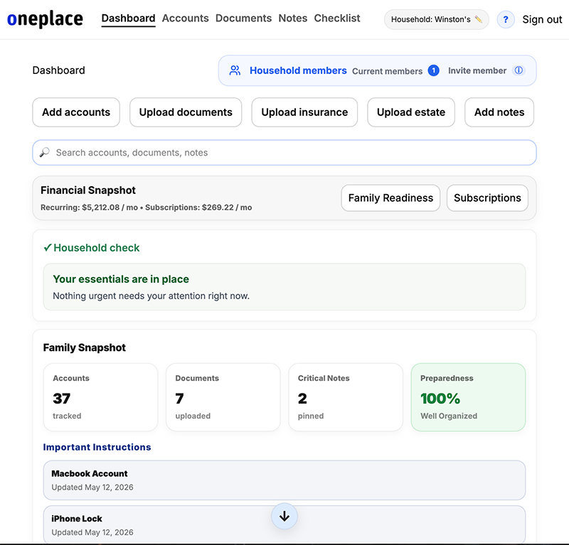 oneplace dashboard showing household overview, preparedness score, important documents, and family readiness status