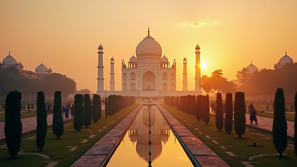 Wide angle view of the Taj Mahal at sunrise