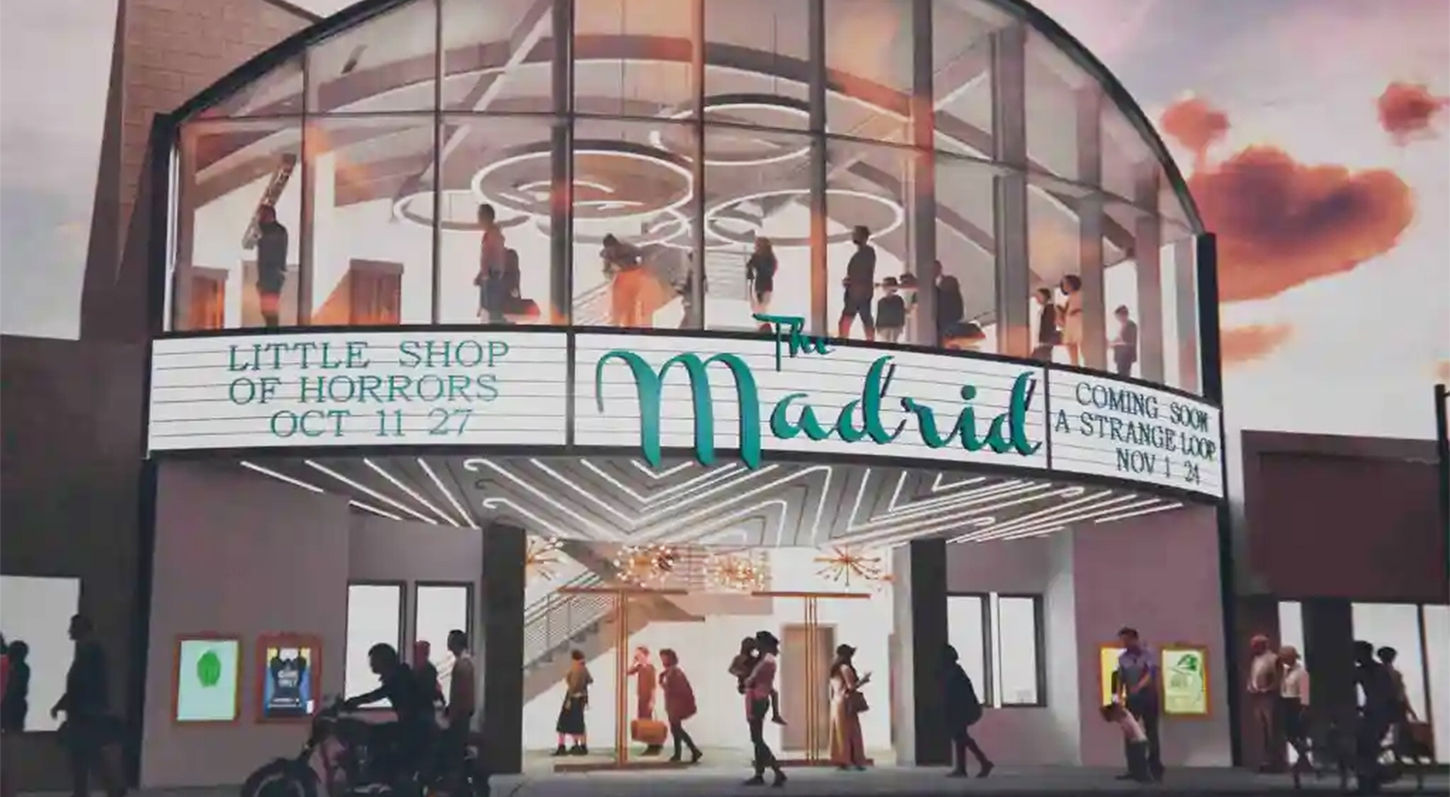 A concept image of the renovated Madrid Theatre in Canoga Park, California during sunset.