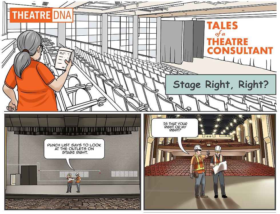 Tales of a Theatre Consultant title block; male consultant with a grey ponytail and an orange shirt looking at a stage with a checklist in his hand.