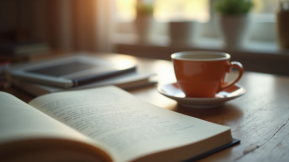 Eye-level view of a calm workspace with a journal and a cup of tea