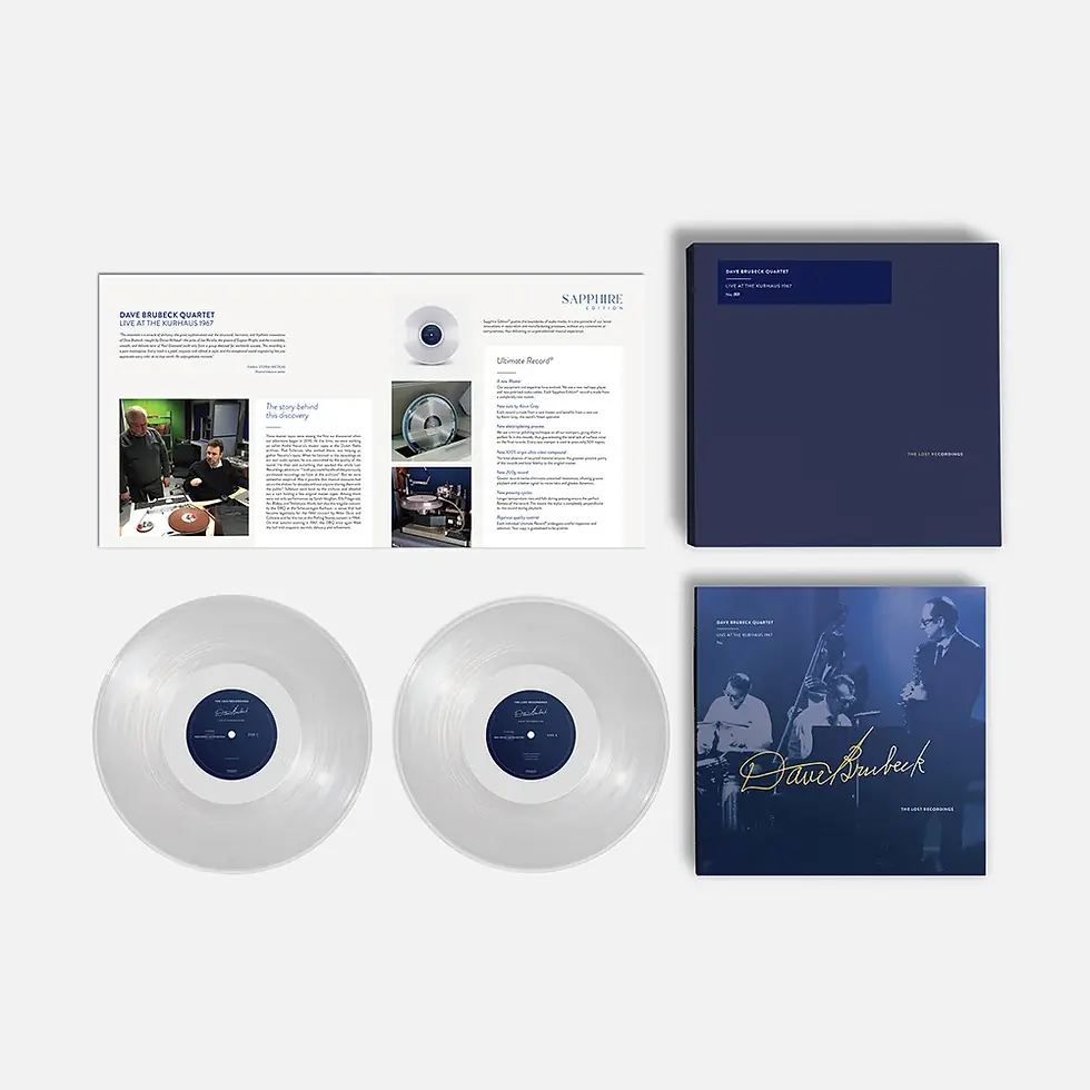 Vinyl album packaging for Dave Brubeck Quartet Live at the Kurhaus 1967, with clear records, booklet, and blue cover.