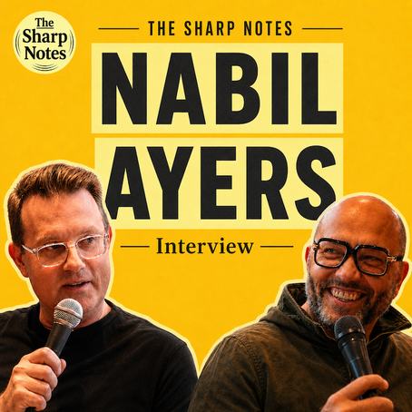 Square podcast thumbnail for The Sharp Notes featuring Nabil Ayers and Evan Toth holding microphones, designed in a bold yellow graphic style inspired by Ayers’ memoir My Life in the Sunshine. Large black text reads “Nabil Ayers Interview,” with The Sharp Notes logo in the upper left.