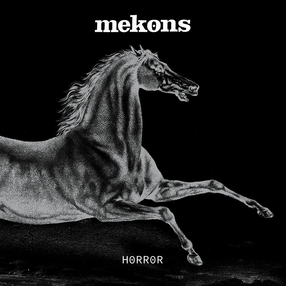 Illustration of a galloping horse on a black background with the text "mekons" above and "HORROR" below, creating a dramatic mood.