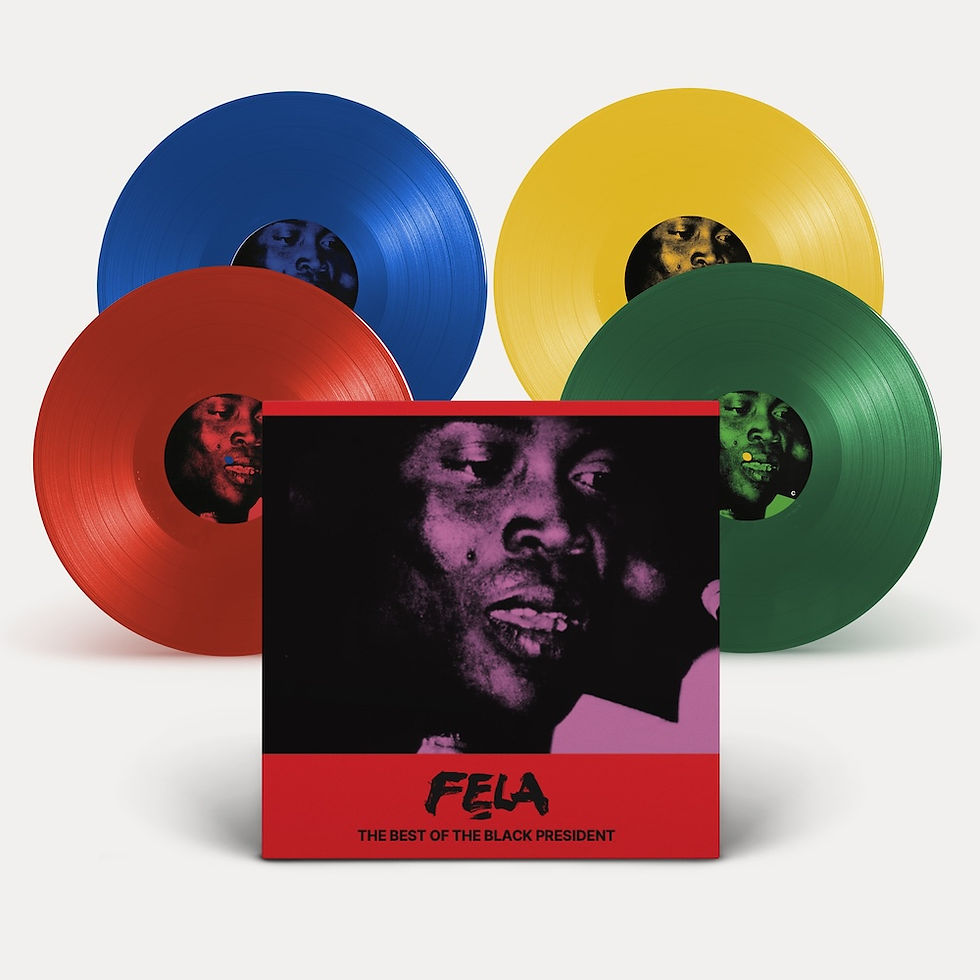 Four vinyl records in blue, red, yellow, and green with a record cover displaying a man's face. Text reads "Fela: The Best of the Black President."