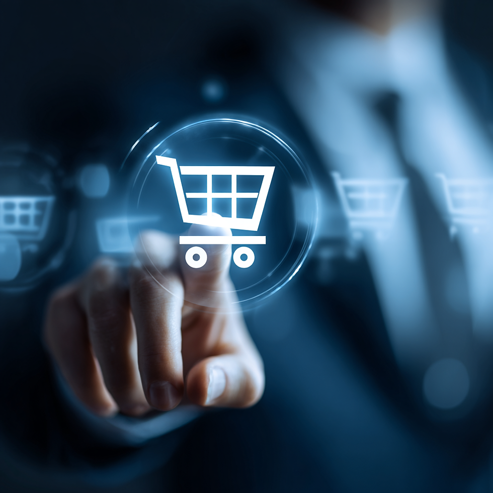 Finger clicking a shopping cart icon in a holographic screen