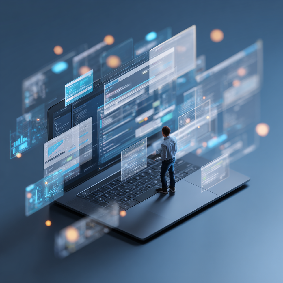 laptop laying in a work office projecting a CRM software, a man is working in the laptop while looking at the CRM, graphs are floating around the man in a technological manner.