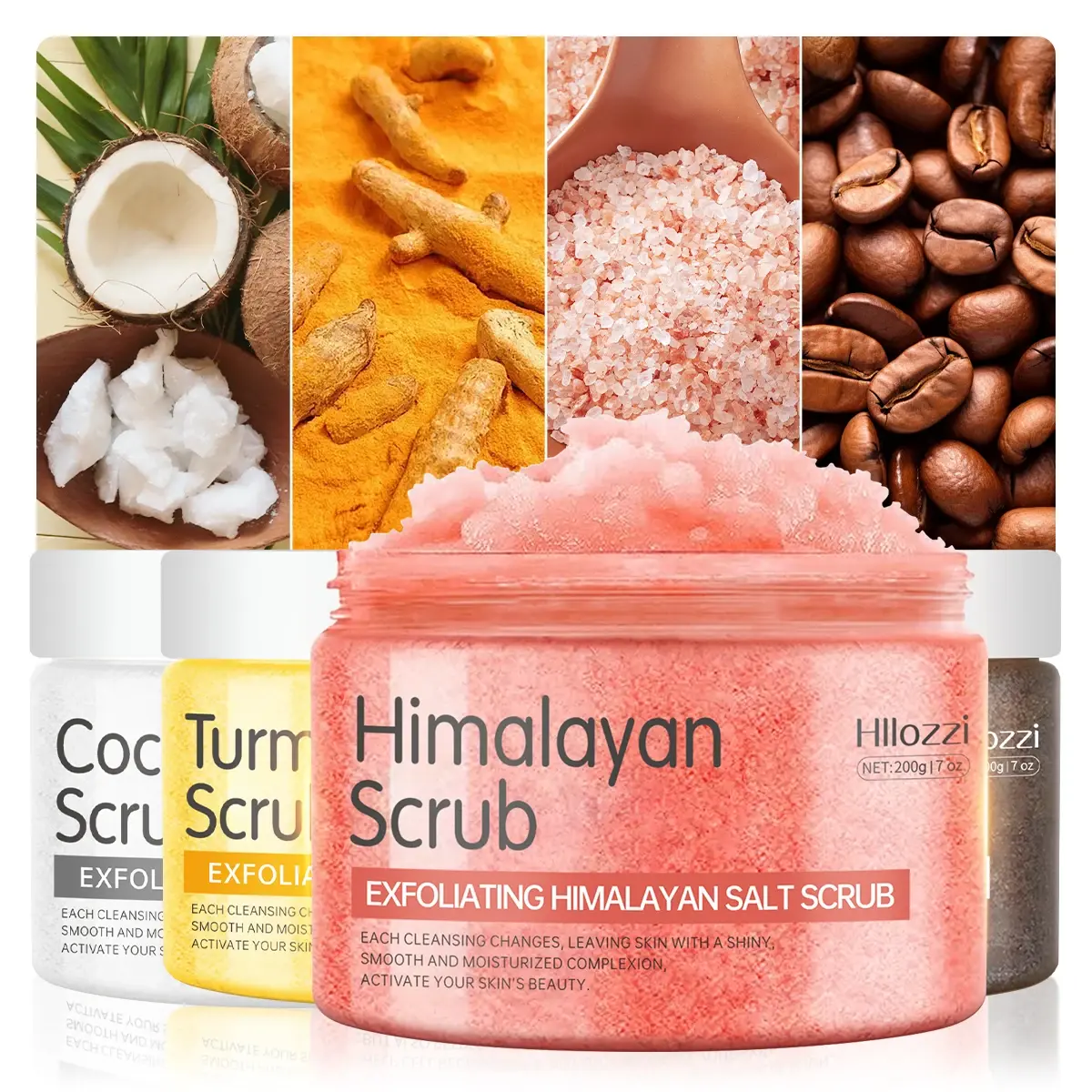 A collection of exfoliating scrubs, including Himalayan salt, coconut, turmeric, and coffee, showcasing vibrant textures.