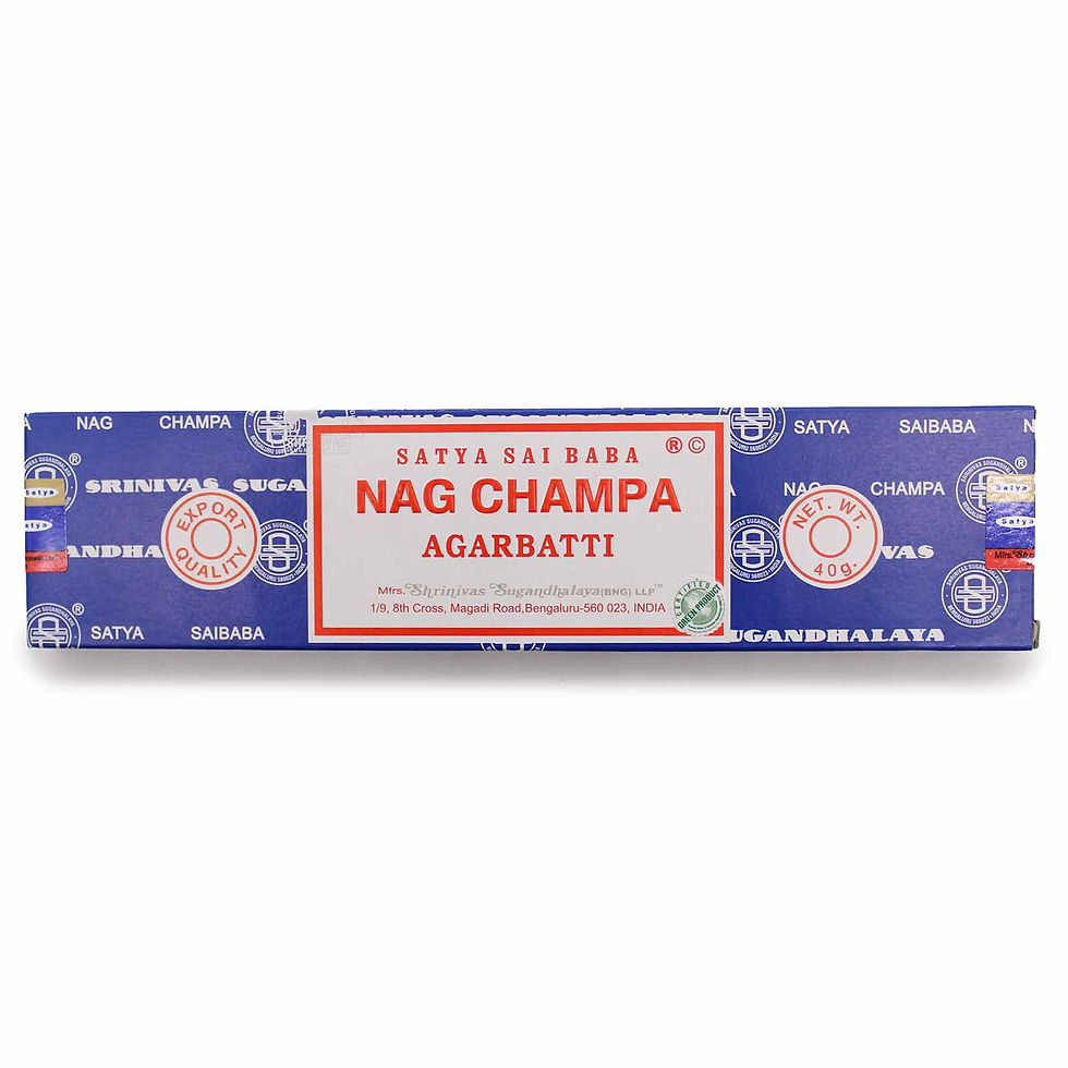 Close-up of a blue box labeled "Satya Sai Baba Nag Champa Agarbatti," indicating it's an incense stick product.