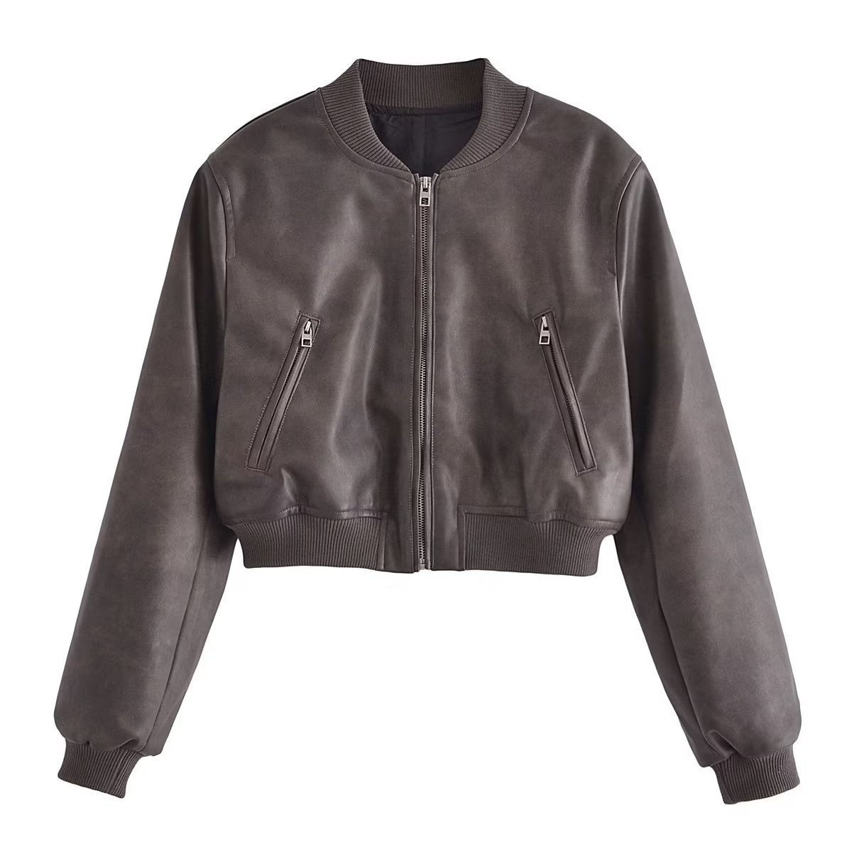 Classic Stand Collar Polished Leather Distressed Coat