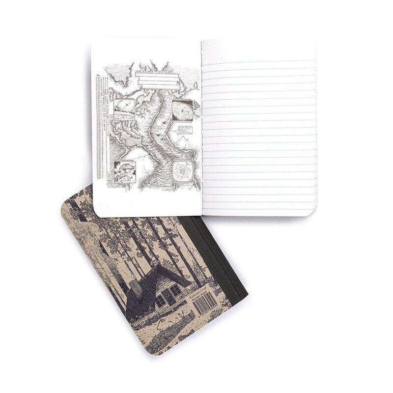 Thumbnail: Back cover and inside front cover of small notebook with image of cabin in a forest.