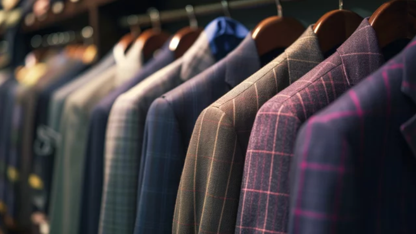 trajes colgados en tonos morados