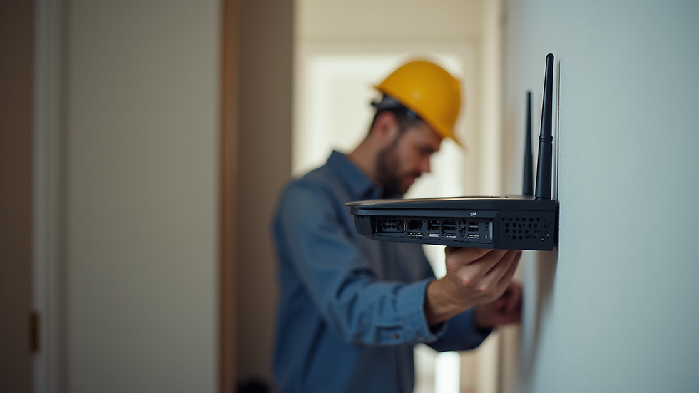Eye-level view of a technician installing a home router on a wall