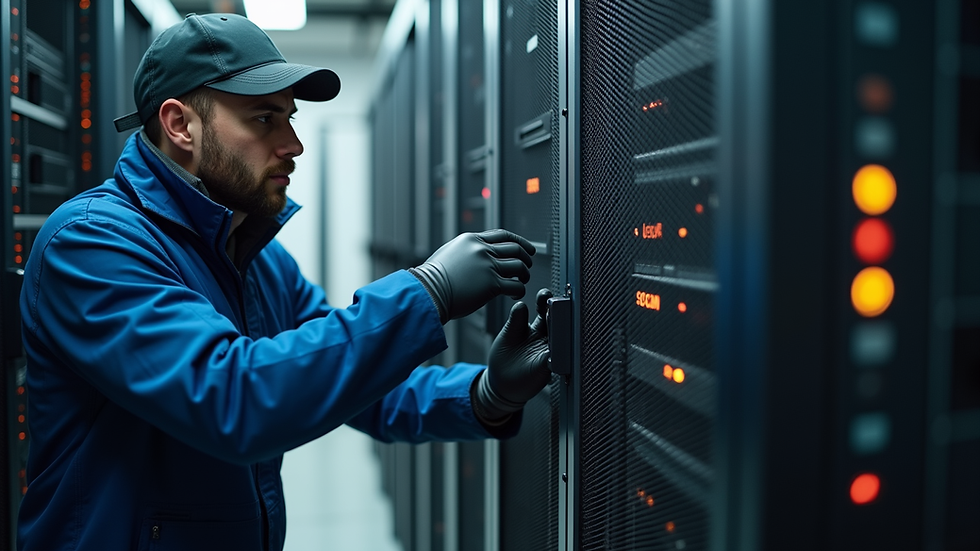 Close-up view of a technician working on a network server rack in Essex