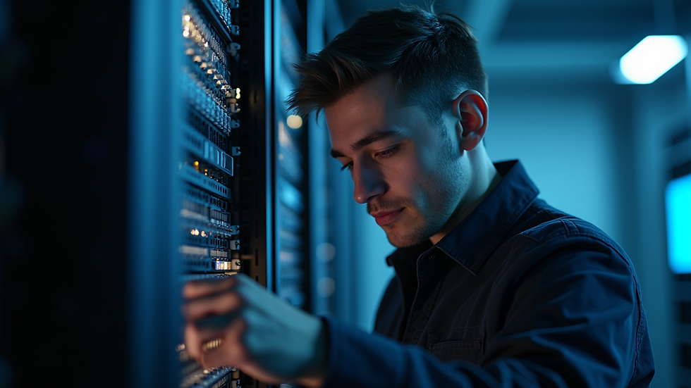 Close-up view of a technician working on a network server rack