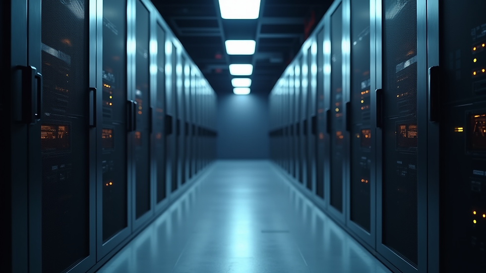 Eye-level view of a modern office server room with blinking lights