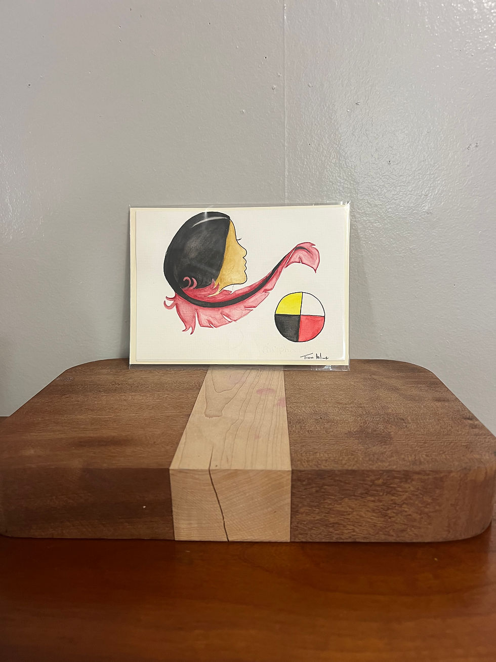 Thumbnail: watercolor art card of native woman with hair turning into feather and medicine wheel