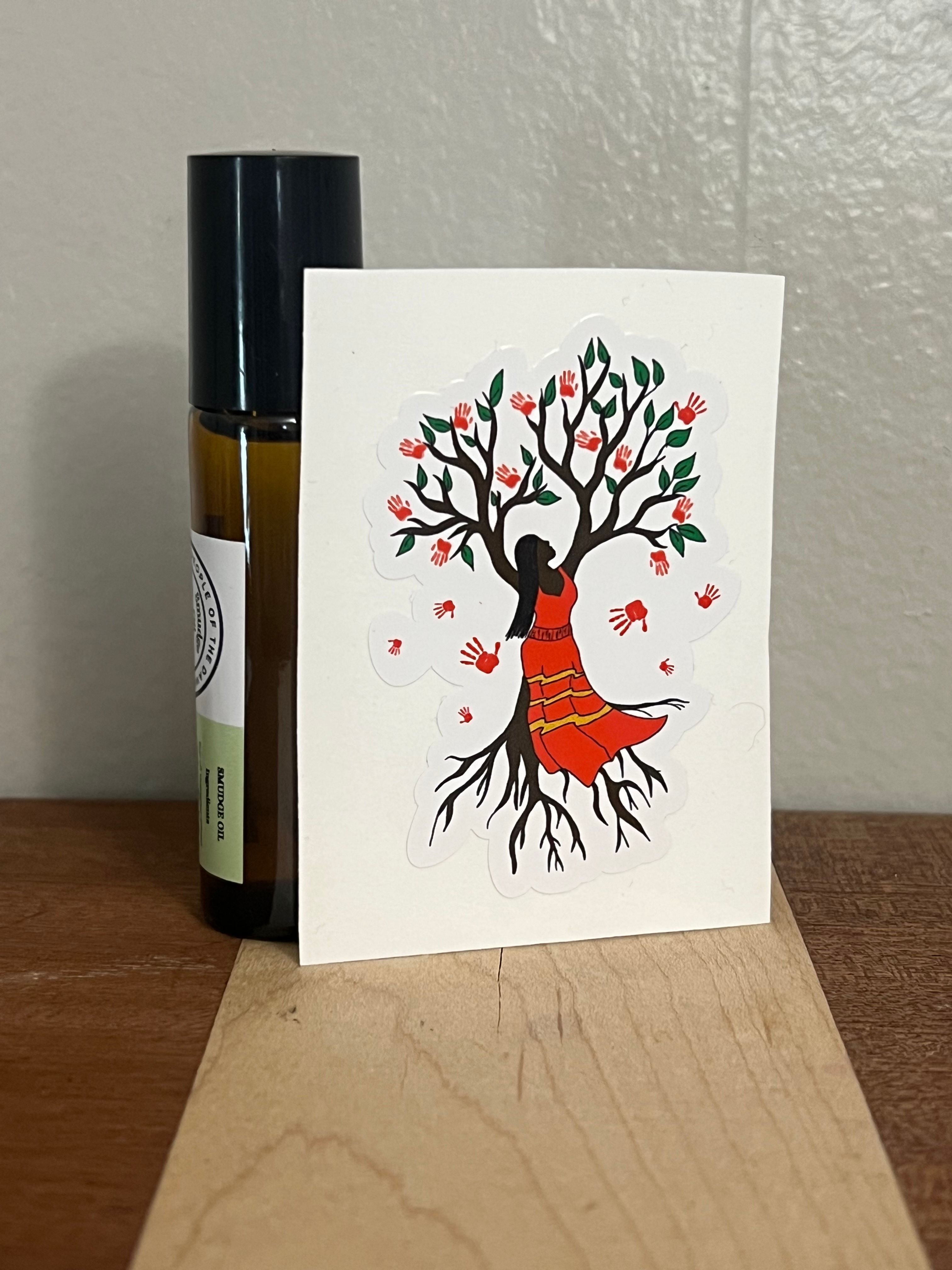 sticker for MMIW featuring a woman-like tree with a red ribbon dress and brown roots, with brown branches with blossoms of red handprints cascading down