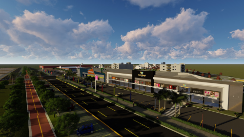 Perspectiva do comércio e das vias do residencial