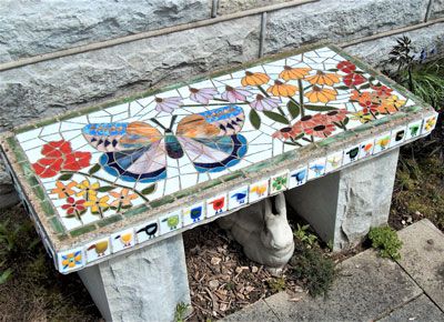 banc extérieur en pierre en mosaïque à réaliser soi-même