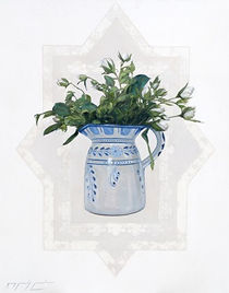 Jug & Roses, oil painting on white background with star pattern by still life artist Amy Sandys-Lumsdaine, kenya, still life paintings