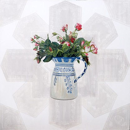 Red Roses in bakuli Blue blue and white jug by still life painter Amy Sandys-Lumsdaine,