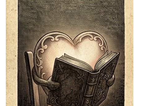 La luna en lo alto ilumina a un corazón que lee un libro, y el libro arroja una sombra sobre las cartas del tarot que está sobre la mesa.
