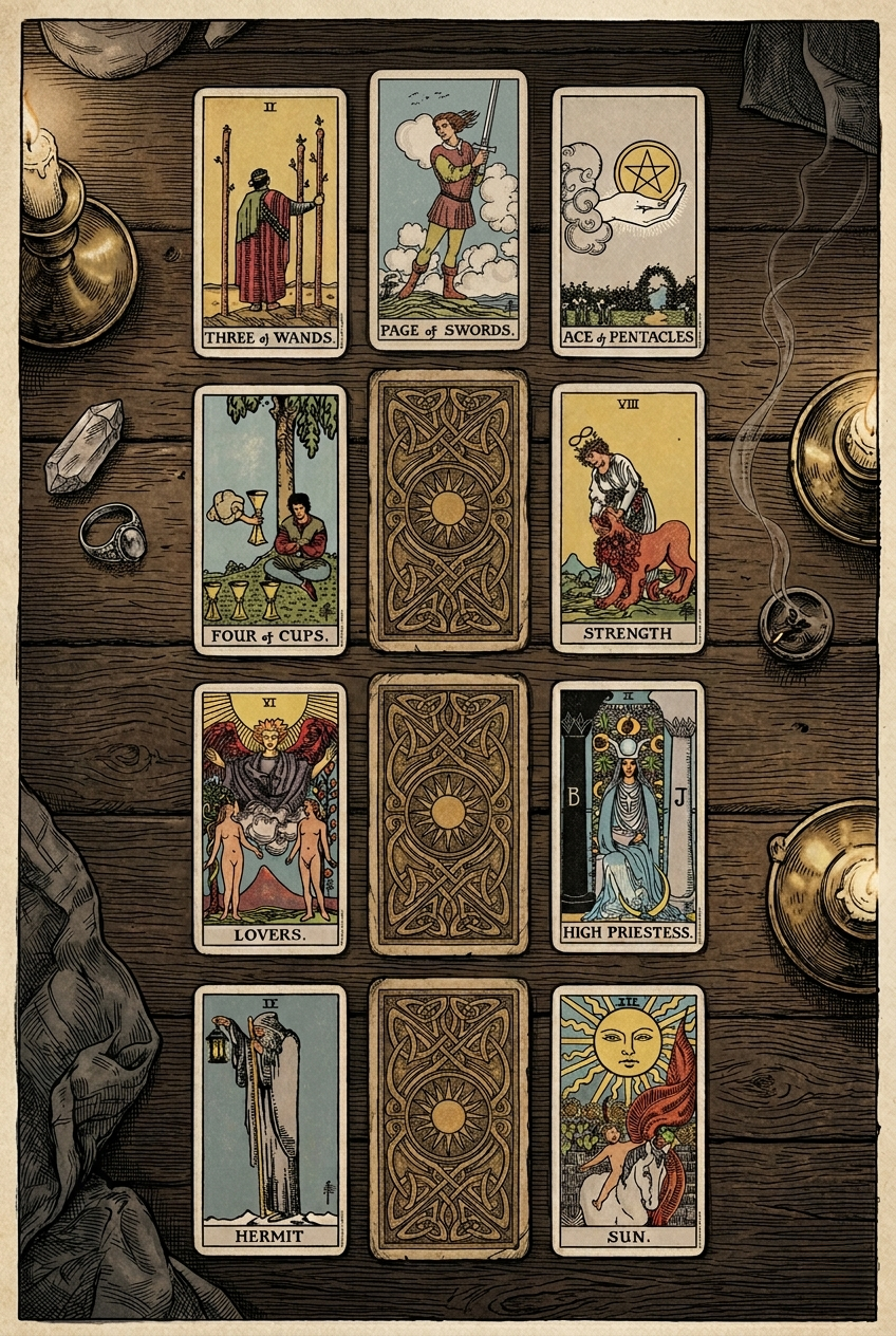 Una tirada de tarot de 3x4, con cartas de la corte en medio.