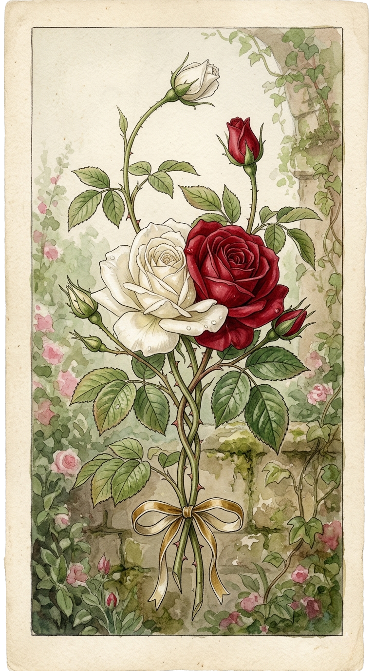 Una carta de Tarot donde aparecen dos rosas entrelazadas, una blanca y otra roja.