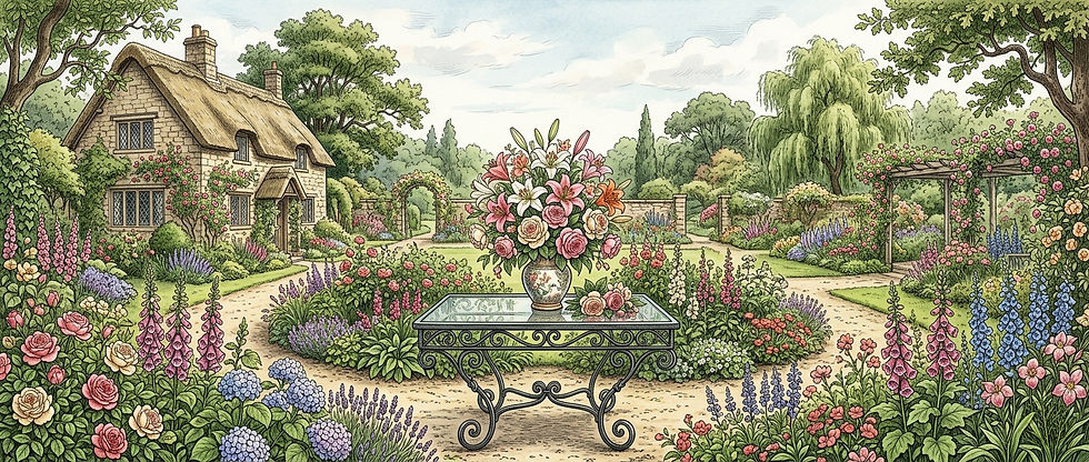 Un jardín inglés con una casita de campo y una mesa central con un florero lleno de flores.