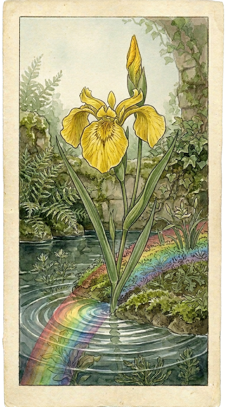 Una carta del tarot de una flor de iris al margen de un estanque y un arcoíris cruza la imagen.