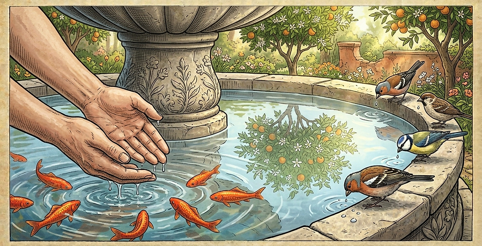 Una fuente con peces y pájaros que beben de ella, unas manos se refrescan y en el agua se refleja un naranjo.