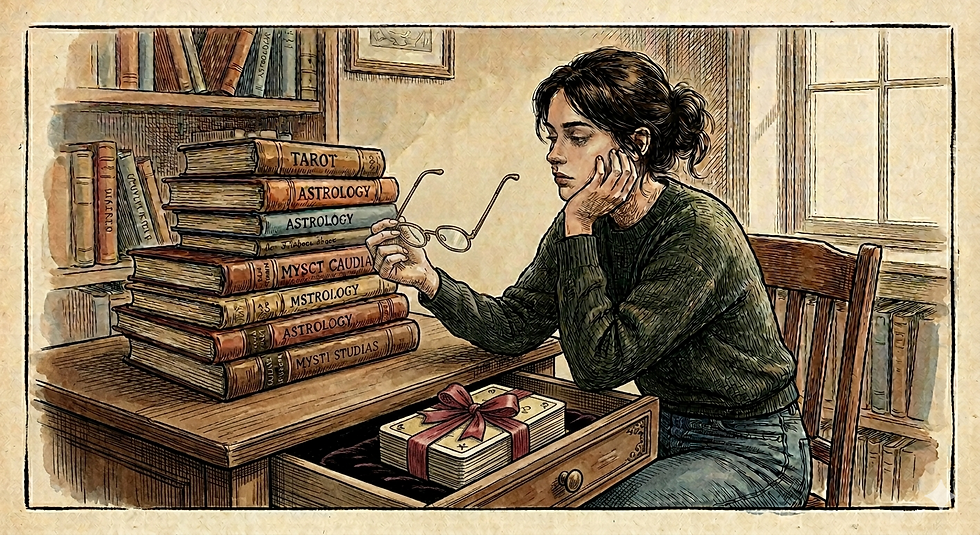 Una chica aburrida con sus gafas en la mano y una pila de libros por leer, pero en un cajón aparece una baraja de Tarot aún precintada