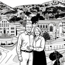 Black and white vector illustration of smiling couple at Quality Hill overlook with Bisbee buildings. 

